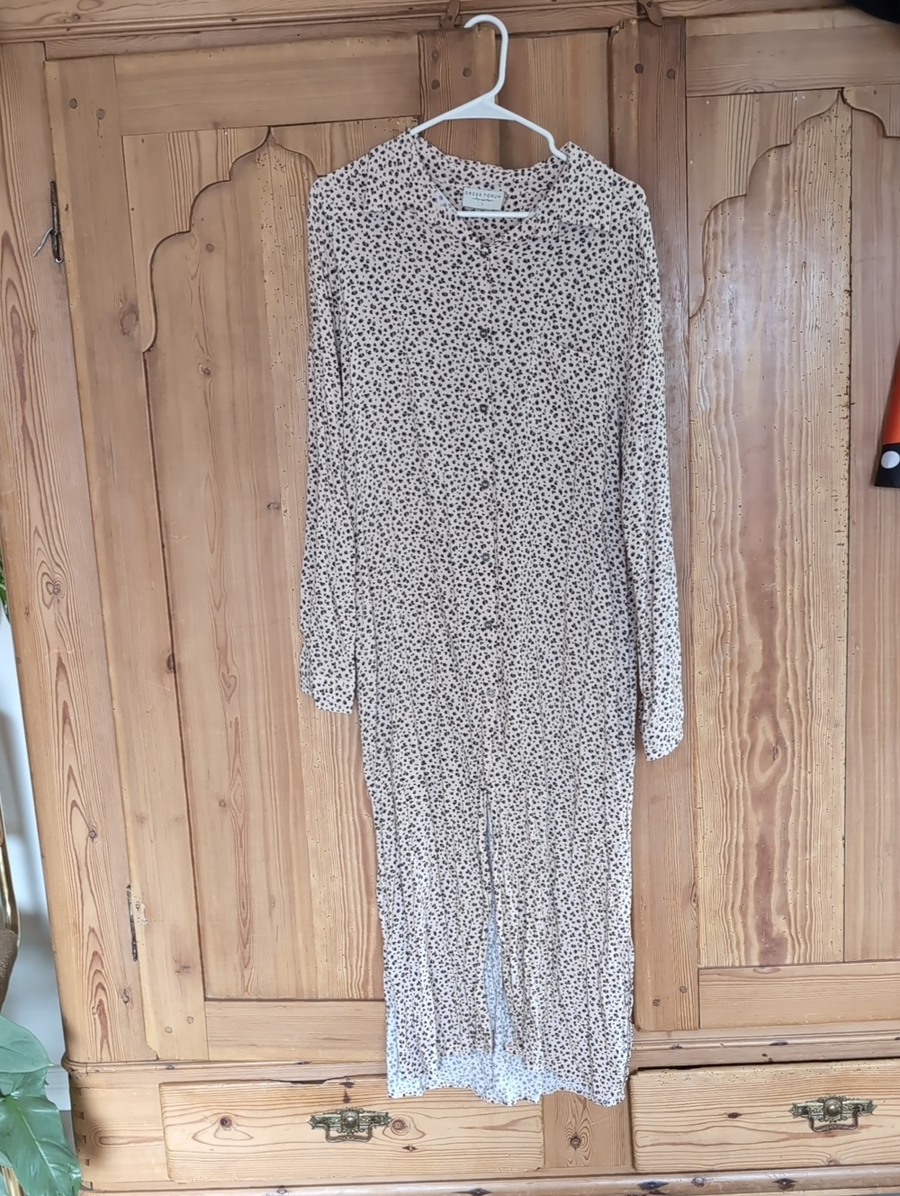 Long Sleeve Beige Printed Midi Shirt Dress